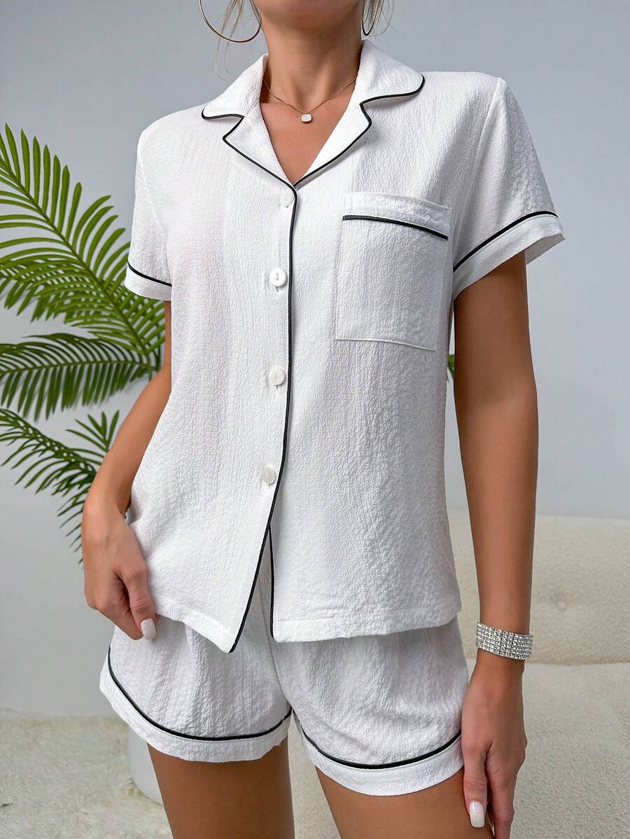 Contrast Piping Pocket Patched PJ Set / Pajama Set White Set - White - View 1