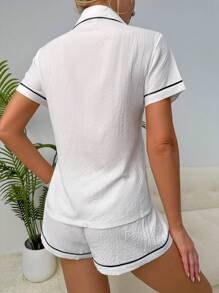 Contrast Piping Pocket Patched PJ Set / Pajama Set White Set - White - View 2