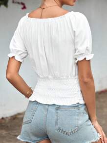 EURMUSE 素色抽褶邊泡泡袖襯衫 - 白色 - 查看 2