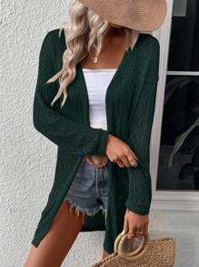 SHEIN LUNE Solid Open Front Drop Shoulder Cardigan - Dark Green - View 5