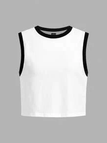 SHEIN BASICS Tương phản ràng buộc Crop Tank Top - trắng - Xem 7