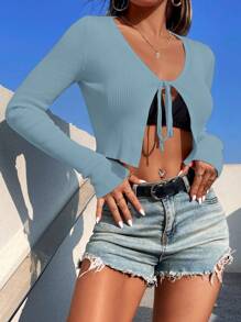 SHEIN Unity Nữ Cardigans Thắt nơ trước màu trơn Giải trí - Màu xanh Cadet - Xem 1