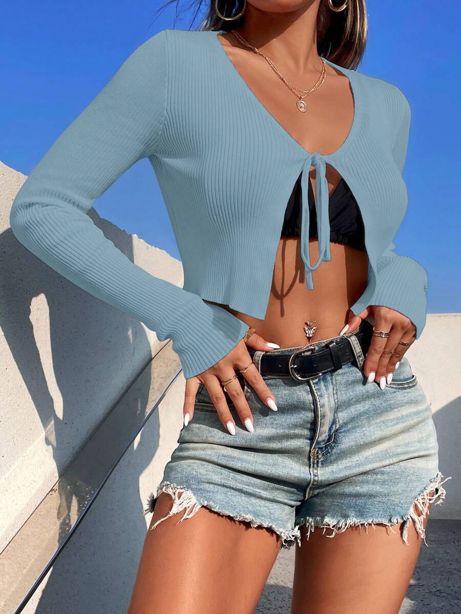 SHEIN Unity Nữ Cardigans Thắt nơ trước màu trơn Giải trí - Màu xanh Cadet - Xem 1