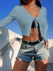 SHEIN Unity Nữ Cardigans Thắt nơ trước màu trơn Giải trí - Màu xanh Cadet - Xem 3