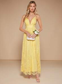 SHEIN Belle 深V領蕾絲吊帶洋裝 - 黃色 - 查看 4