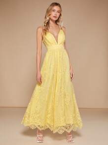 SHEIN Belle 深V領蕾絲吊帶洋裝 - 黃色 - 查看 6