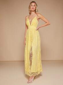 SHEIN Belle 深V領蕾絲吊帶洋裝 - 黃色 - 查看 7