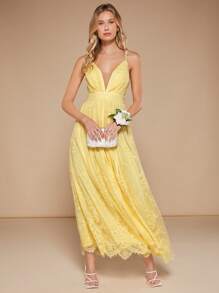 SHEIN Belle 深V領蕾絲吊帶洋裝 - 黃色 - 查看 8
