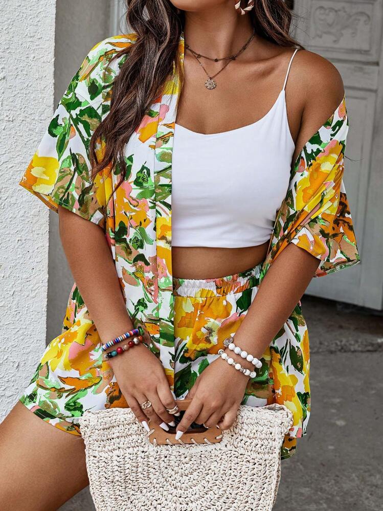 SHEIN Holidaya พลัส พิมพ์ลาย ดอกไม้ ไหล่ตก กิโมโน & กางเกงขาสั้น - สีเหลือง - ดู 5