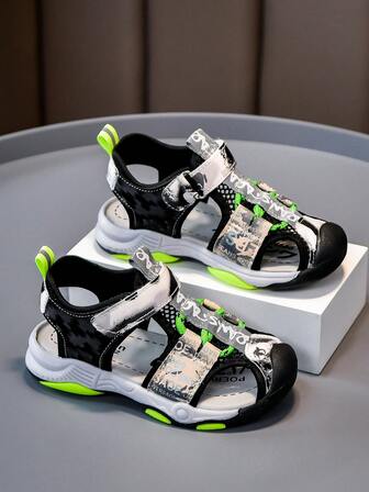 Chicos Sandalias deportivas con diseño de parche de letra cierre de gancho y bucle de malla anti deslizante para verano