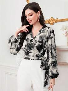 Modelyn Tie Dye Lantern Sleeve Knot Side Wrap Blouse Fall Cloth For Women