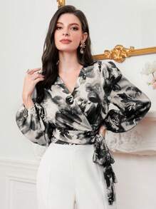 Modelyn Tie Dye Lantern Sleeve Knot Side Wrap Blouse Fall Cloth For Women