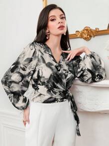 Modelyn Tie Dye Lantern Sleeve Knot Side Wrap Blouse Fall Cloth For Women