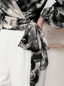 Modelyn Tie Dye Lantern Sleeve Knot Side Wrap Blouse Fall Cloth For Women