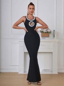 拼接邊前鏤空緊身連衣裙 - 黑色 - 查看 1