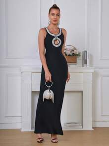 拼接邊前鏤空緊身連衣裙 - 黑色 - 查看 3