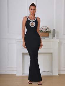 拼接邊前鏤空緊身連衣裙 - 黑色 - 查看 5