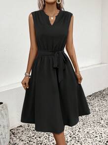 Chiquease 素色腰帶A字連衣裙 - 黑色 - 查看 4