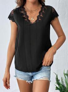 SHEIN Privé 蕾絲拼接V領襯衫 - 黑色 - 查看 1