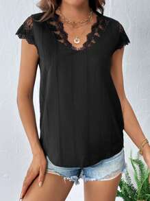 SHEIN Privé 蕾絲拼接V領襯衫 - 黑色 - 查看 3