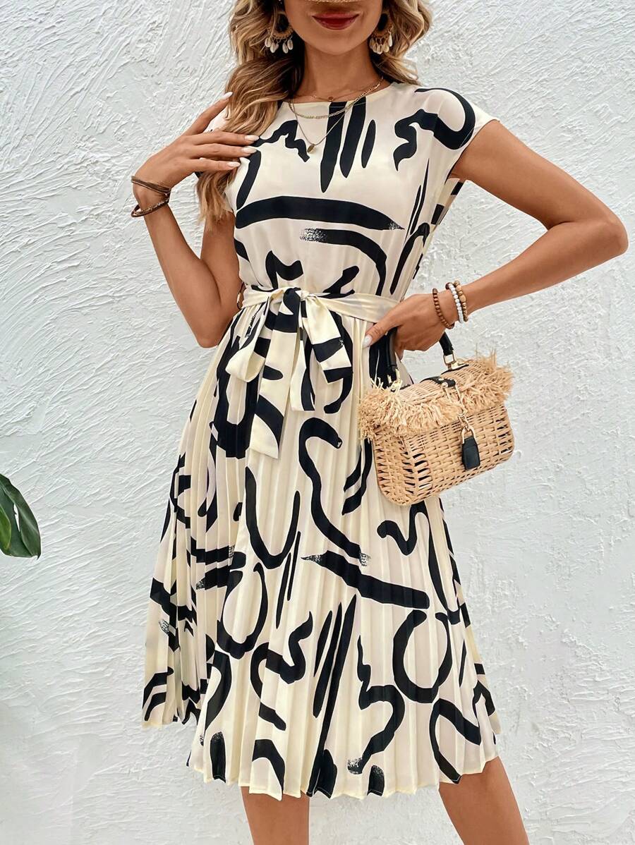 SHEIN LUNE Allover Print Belted Dress - Beige - View 1