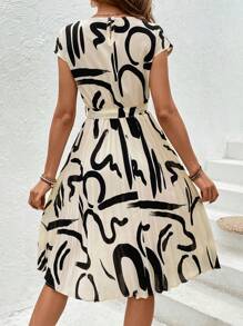 SHEIN LUNE Allover Print Belted Dress - Beige - View 2