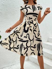 SHEIN LUNE Allover Print Belted Dress - Beige - View 6