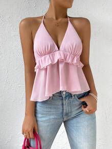 Ruffle Trim Tie Backless Halter Top - Pink - View 3