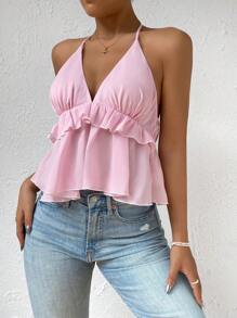 Ruffle Trim Tie Backless Halter Top - Pink - View 4