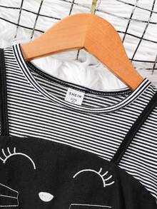 SHEIN Cô Gái Trẻ Đồ họa Hoạt hình Lưới Hem Váy 2 trong 1 - Đen và trắng - Xem 5