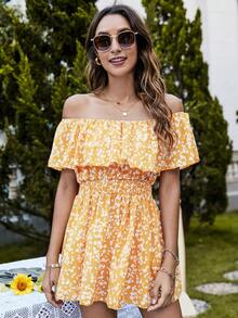 SHEIN VCAY Mono con estampado floral de hombros descubiertos - Amarillo - Ver 4