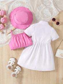 Young Girl Solid Cami Top & Button Front Shirt Dress & Hat Set - Hot Pink - View 2