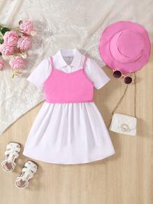 Young Girl Solid Cami Top & Button Front Shirt Dress & Hat Set - Hot Pink - View 1