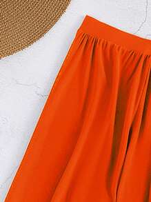 Solid Bandeau Bikini Set For Summer Beach With Cover Up Pants, Bathing Suit - Orange - View 5