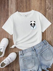 Camiseta De Manga Corta Cómoda E Informal Con Estampado De Panda Para Niña Tween - Blanco - Ver 1