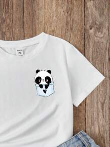 Camiseta De Manga Corta Cómoda E Informal Con Estampado De Panda Para Niña Tween - Blanco - Ver 4