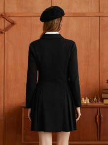 HARRY POTTER X SHEIN 1pc Patched Detail Double Breasted Pleated Hem Blazer Dress
