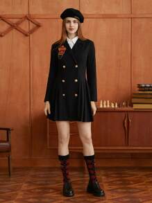 HARRY POTTER X SHEIN 1pc Patched Detail Double Breasted Pleated Hem Blazer Dress