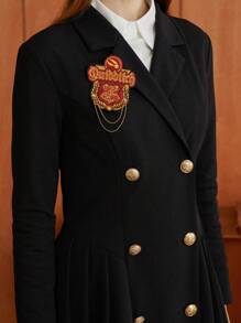 HARRY POTTER X SHEIN 1pc Patched Detail Double Breasted Pleated Hem Blazer Dress