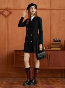 HARRY POTTER X SHEIN 1pc Patched Detail Double Breasted Pleated Hem Blazer Dress