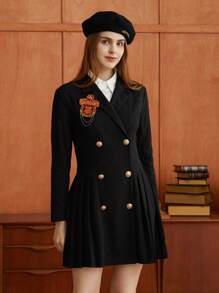 HARRY POTTER X SHEIN 1pc Patched Detail Double Breasted Pleated Hem Blazer Dress