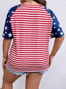 SHEIN LUNE Talla grande Camiseta con estampado de rayas y estrella de manga raglán - Multicolor - Ver 2