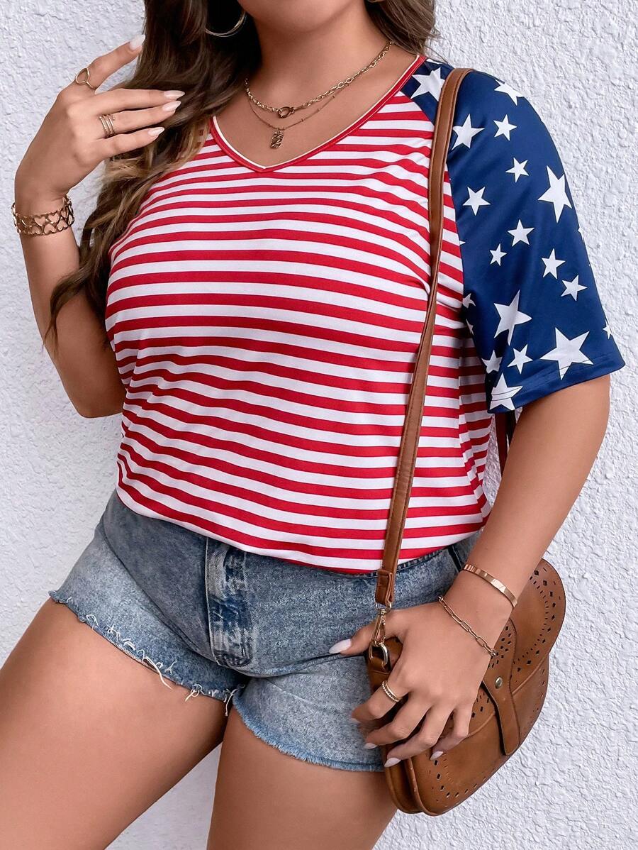 SHEIN LUNE Talla grande Camiseta con estampado de rayas y estrella de manga raglán - Multicolor - Ver 1