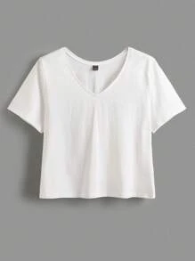 SHEIN BASICS Plus 1pc Solid V Neck Crop Tee - White - View 6