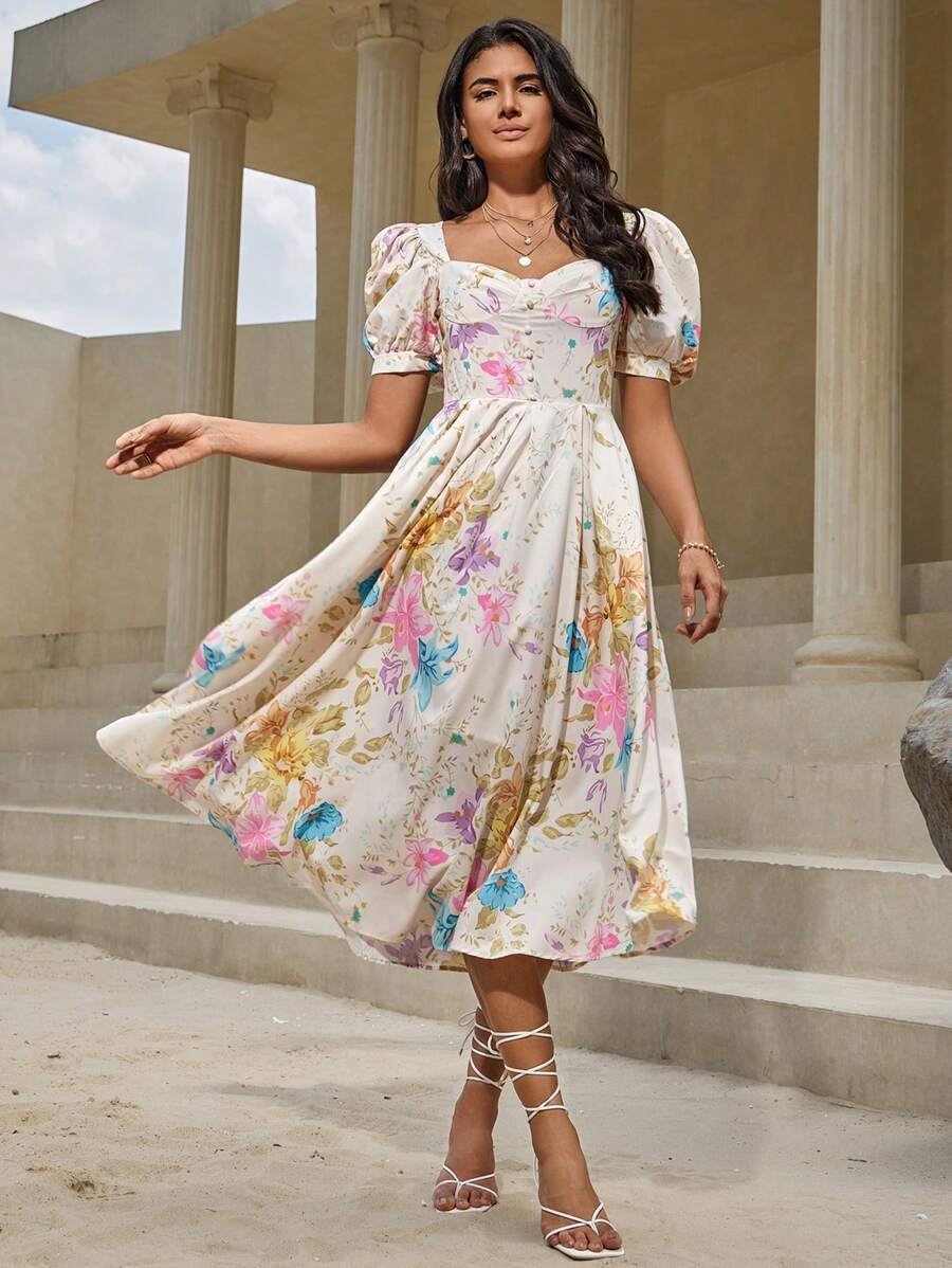 SHEIN VCAY Đầm Xù Dây kéo Hoa Boho - Nhiều màu - Xem 1
