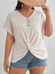 SHEIN VCAY 大碼前扭結蝙蝠袖華夫格編織T恤 - 杏色 - 查看 1