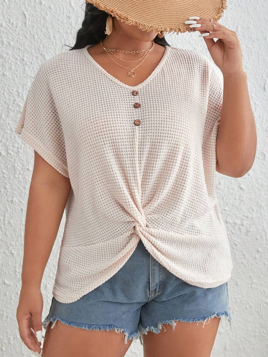 SHEIN VCAY 大碼前扭結蝙蝠袖華夫格編織T恤 - 杏色 - 查看 1