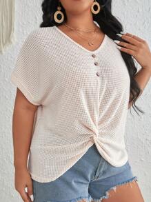 SHEIN VCAY 大碼前扭結蝙蝠袖華夫格編織T恤 - 杏色 - 查看 3