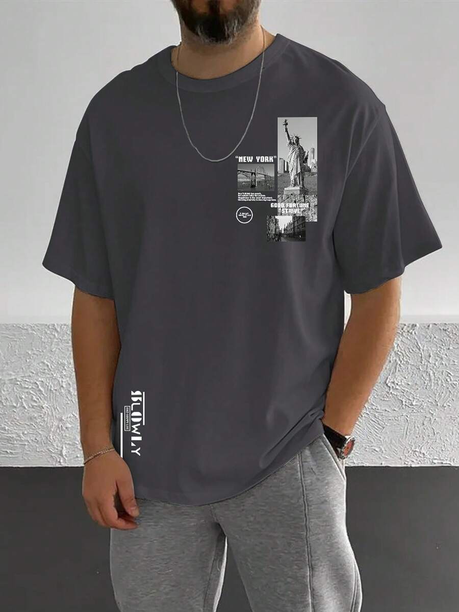 Manfinity Homme Loose Fit Men's T-Shirt With Photo & Slogan Graphics - Dark Grey - View 1
