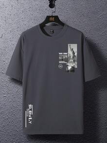 Manfinity Homme Loose Fit Men's T-Shirt With Photo & Slogan Graphics - Dark Grey - View 2